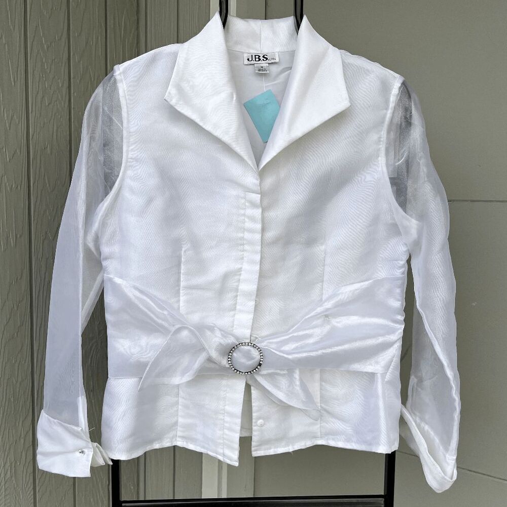 Vintage J.B.S. Ltd White Satin Blouse with Rhinestone Belt & Sheer Sleeves